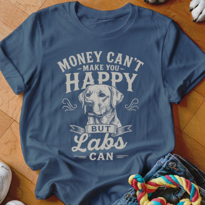 Blue t-shirt with white text "Money Can't Make You Happy But Labs Can" and a Labrador.
