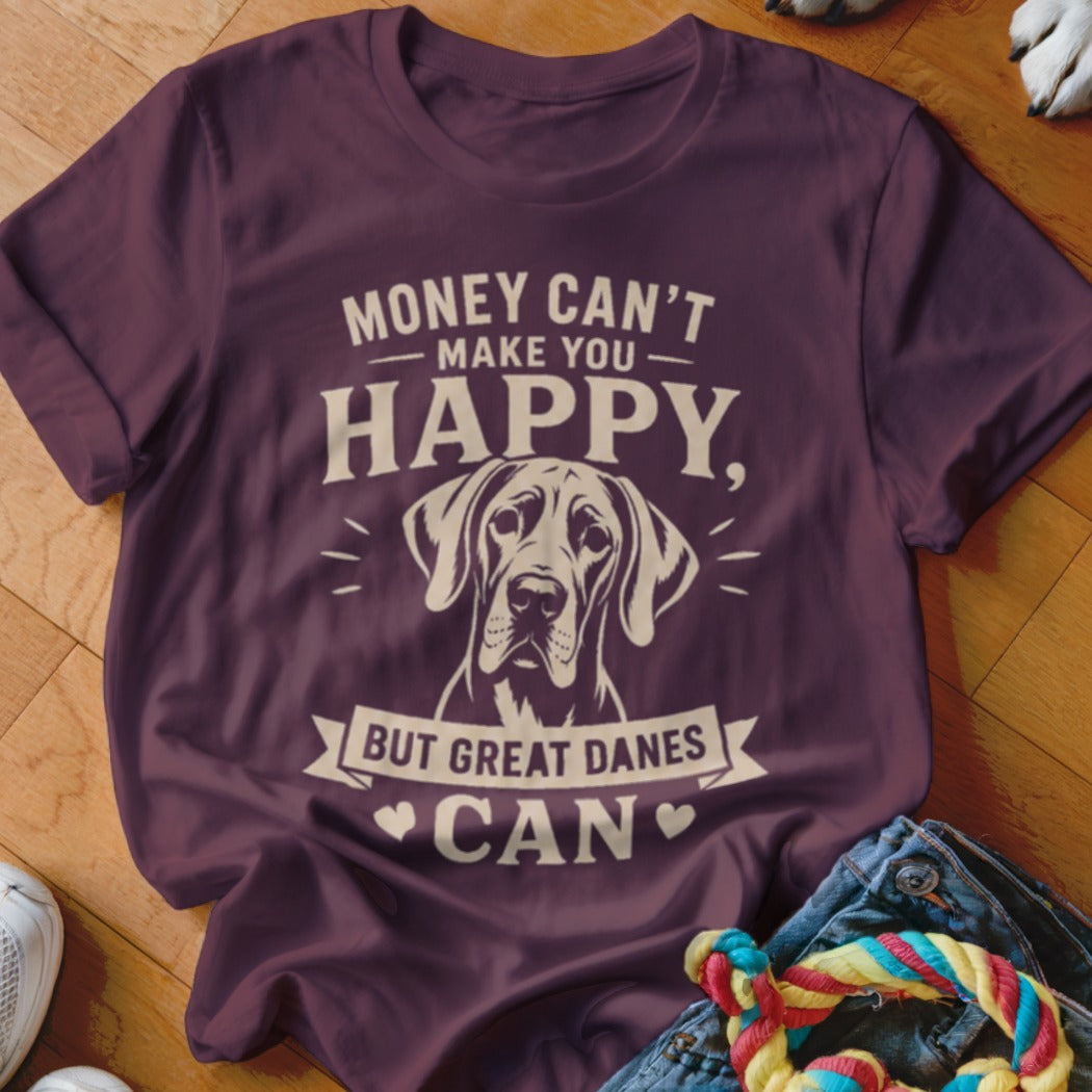 Dark purple t-shirt with Great Dane graphic and "Money can't make you happy, but Great Danes can" text.