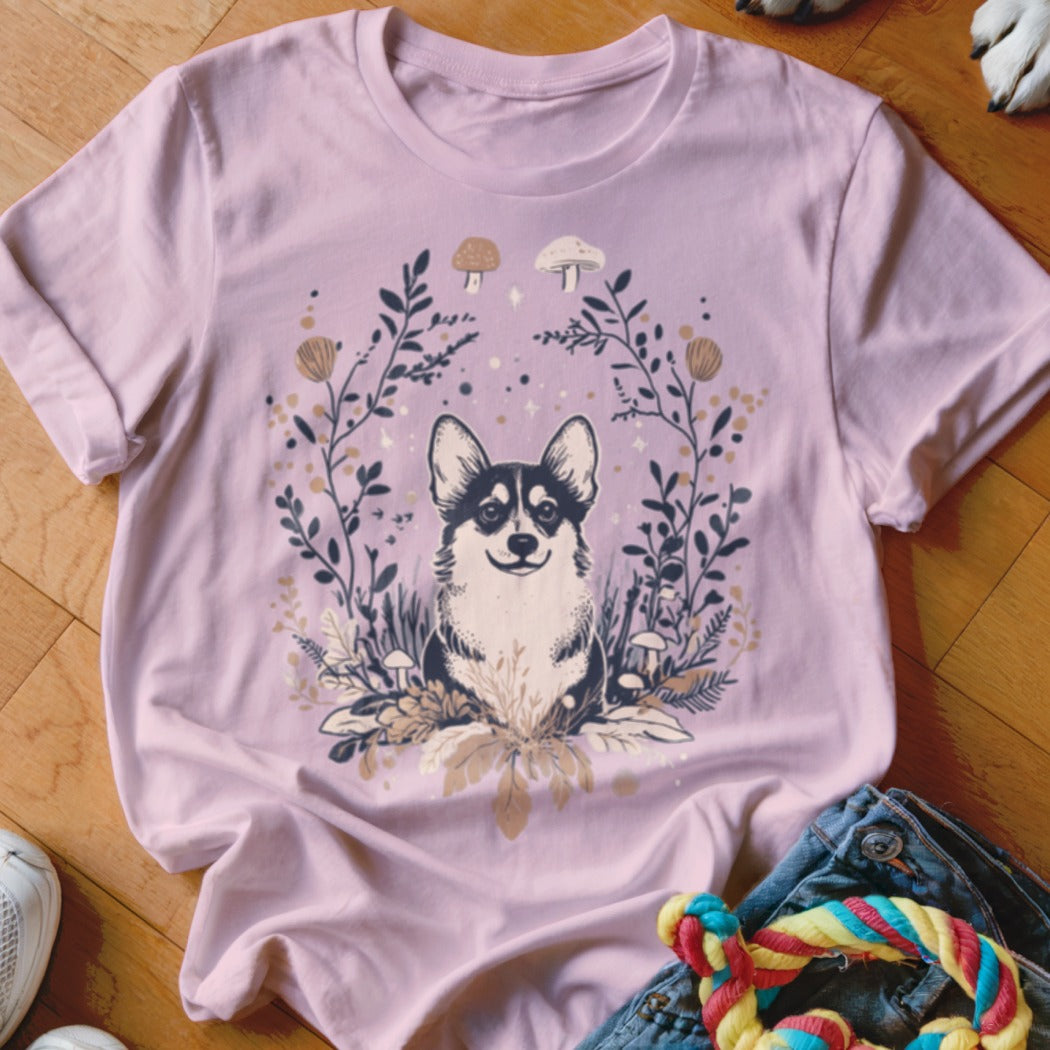 Pink t-shirt with a graphic of a corgi in a floral and mushroom border.
