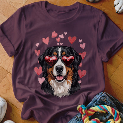 A plum-colored t-shirt features a graphic of a Bernese Mountain Dog wearing heart-shaped sunglasses surrounded by pink and red hearts.