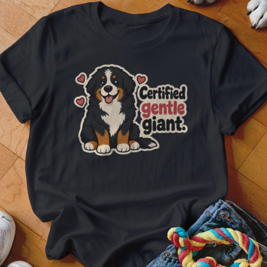 Bernese Mountain Dog graphic with text "Certified gentle giant" on a black t-shirt.