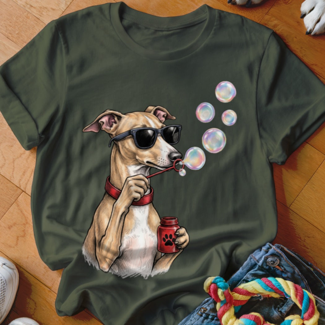 Dark green t-shirt featuring a graphic of an Italian Greyhound wearing sunglasses and blowing bubbles.