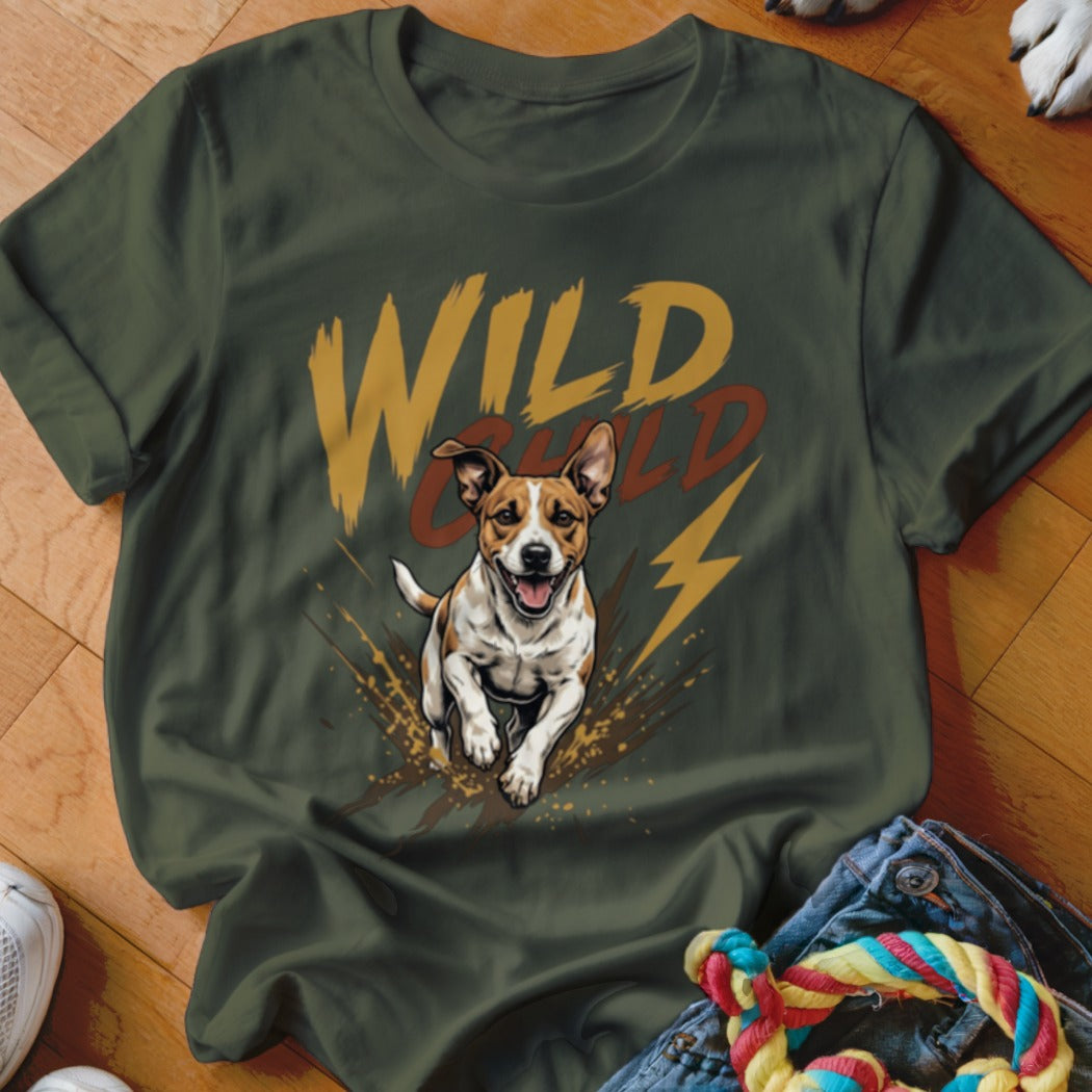 Dark green t-shirt with a graphic of a running Jack Russell terrier and the text Wild Child.