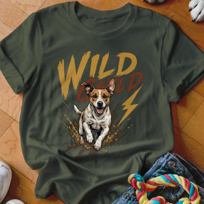 Dark green t-shirt with a graphic of a running Jack Russell terrier and the text Wild Child.