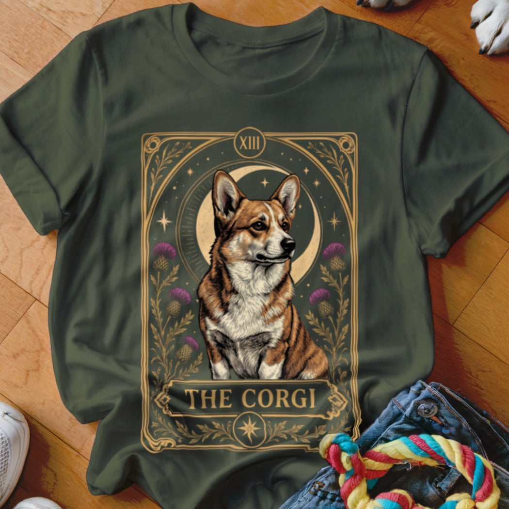 Dark green t-shirt featuring a tarot card graphic with a corgi and the text THE CORGI.