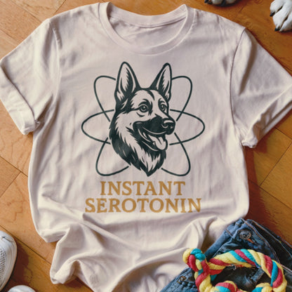 Cream t-shirt with German Shepherd graphic and "Instant Serotonin" text.