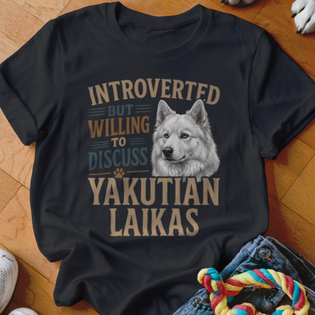 Black t-shirt with "Introverted but willing to discuss Yakutian Laikas" and dog illustration.