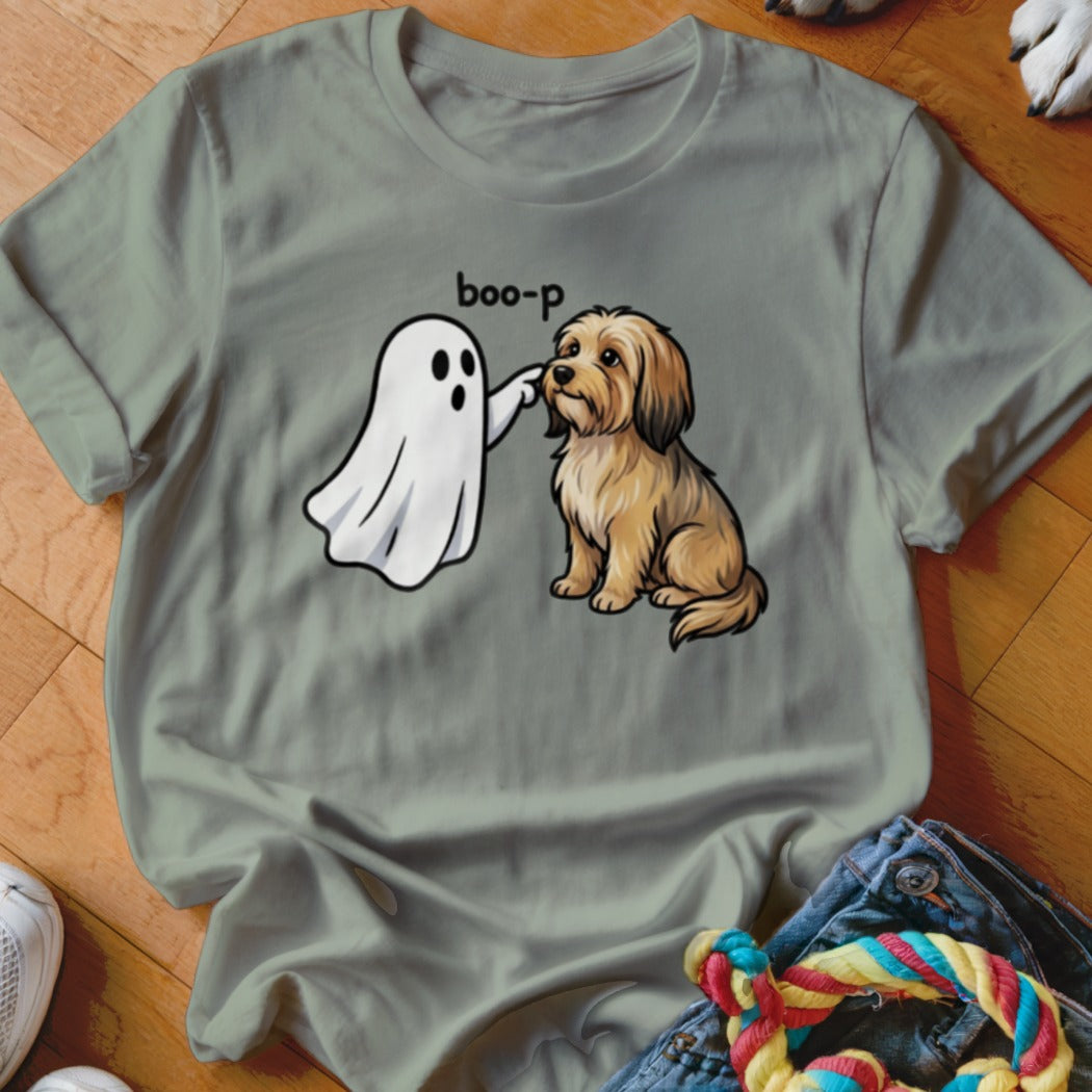 Ghost booping a fluffy dog with text that reads "boo-p."