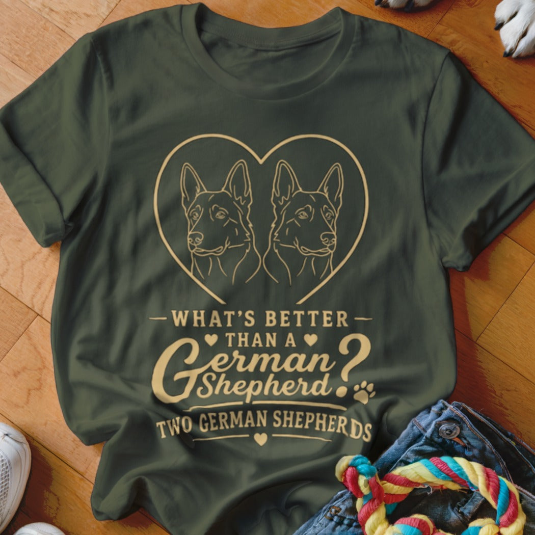 Green t-shirt with two German Shepherd outlines inside a heart and text.