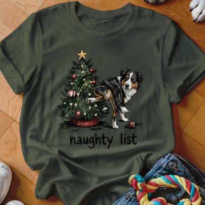 T-shirt with Australian Shepherd by Christmas tree, text "naughty list".