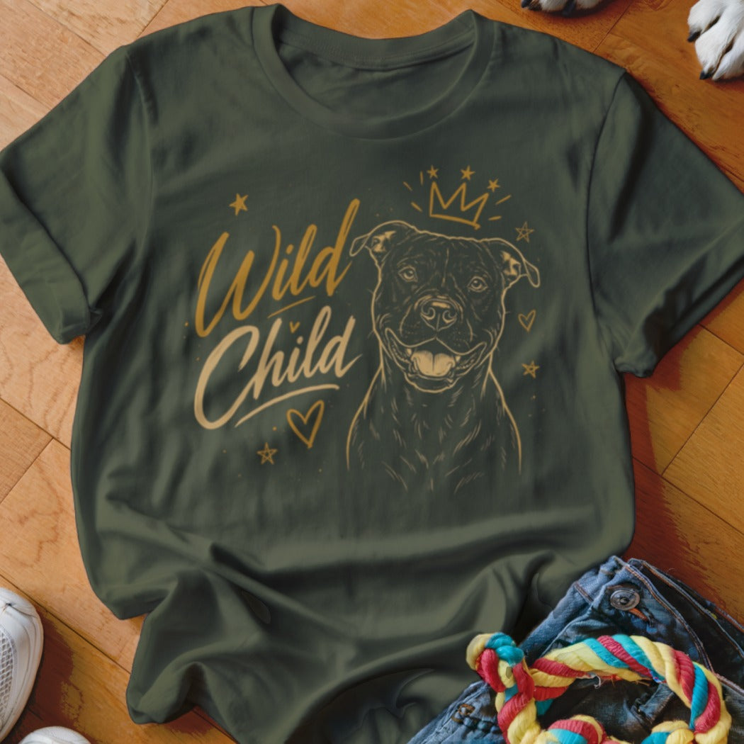 Green t-shirt with "Wild Child" text and a dog wearing a crown.