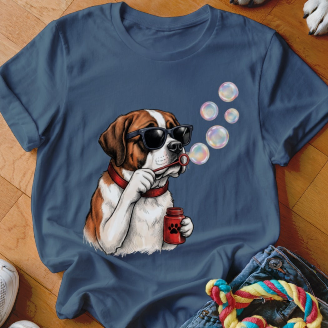 Dark blue crewneck t-shirt featuring a graphic of a Saint Bernard wearing sunglasses and blowing bubbles.