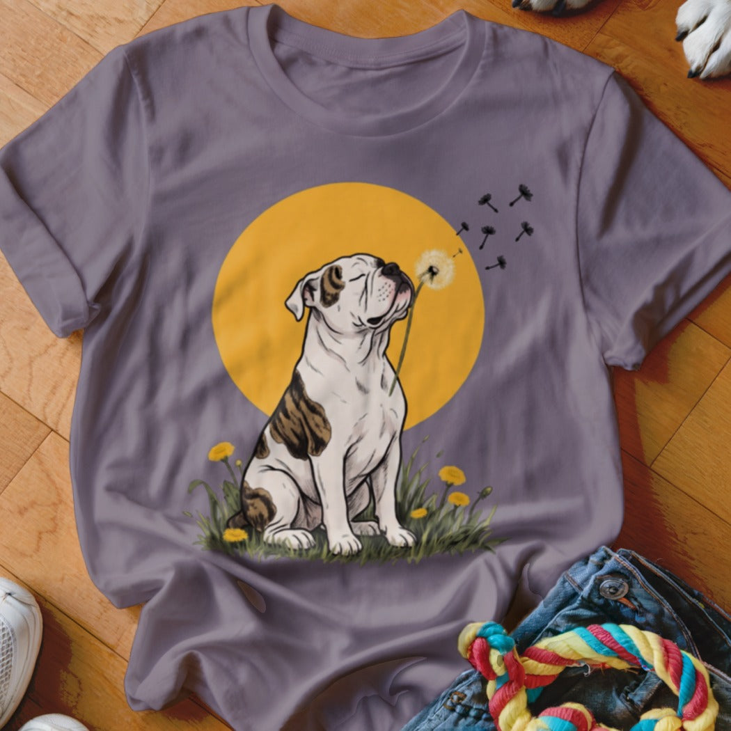 A purple t-shirt featuring a graphic of a brindle and white bulldog blowing dandelion seeds.