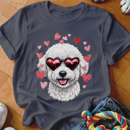 Charcoal gray t-shirt featuring a graphic of a white poodle wearing heart-shaped sunglasses surrounded by pink hearts.