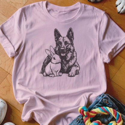 T-shirt art shows a German Shepherd and a rabbit sitting side-by-side.