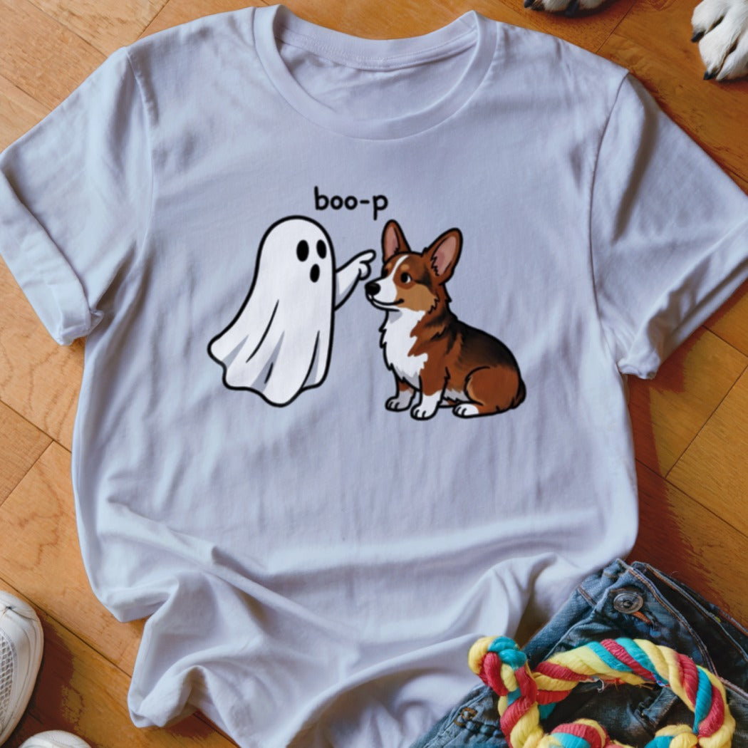 White t-shirt with cartoon ghost and corgi pointing with "boo-p" text.
