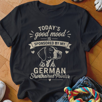 Black t-shirt with German Shorthaired Pointer graphic and text "Today's good mood is sponsored by my German Shorthaired Pointer".