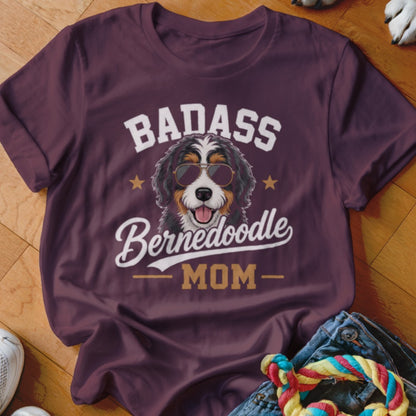 Bernedoodle mom shirt with sunglasses-wearing dog and text.