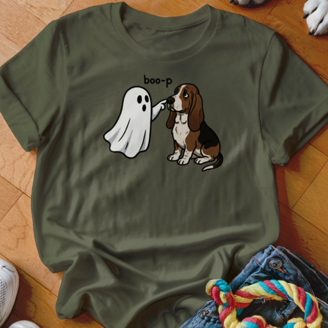 Ghost booping a Basset Hound's nose with text "boo-p".