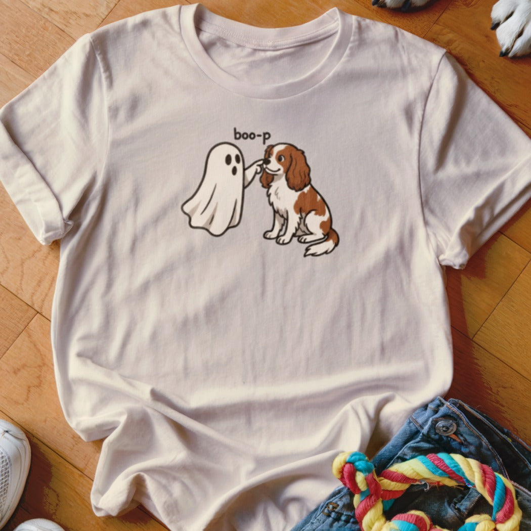 White t-shirt with cartoon dog booping a ghost with text "boo-p".