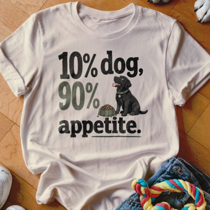 White t-shirt with black and green text and a black lab with a bowl of food.
