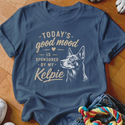 Blue t-shirt with a Kelpie dog illustration and text: "Today's good mood is sponsored by my Kelpie".