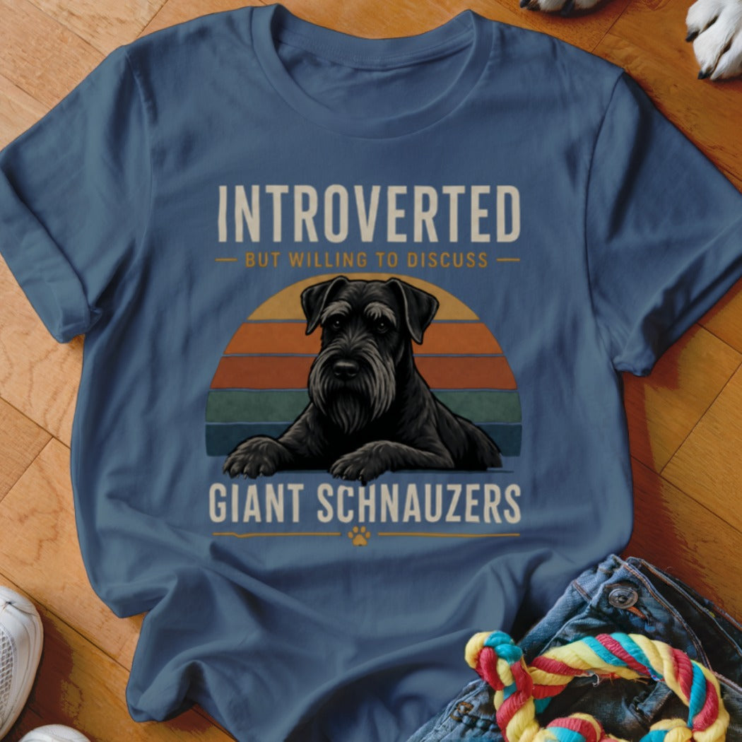 T-shirt with black giant schnauzer and text "INTROVERTED BUT WILLING TO DISCUSS GIANT SCHNAUZERS".