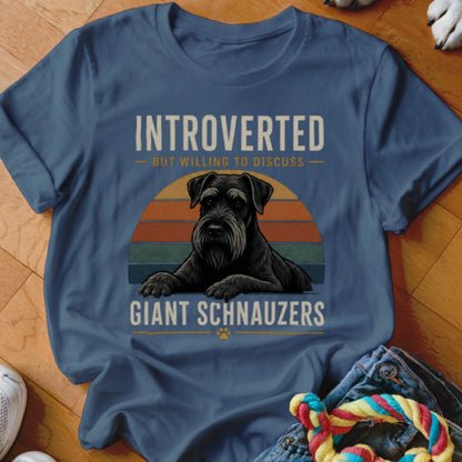 T-shirt with black giant schnauzer and text "INTROVERTED BUT WILLING TO DISCUSS GIANT SCHNAUZERS".