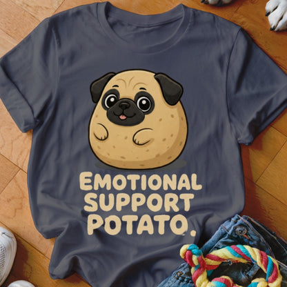 Dark t-shirt with a cartoon pug resembling a potato, saying "Emotional Support Potato."