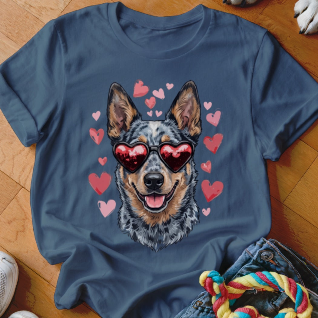 Blue t-shirt featuring a graphic of an Australian Cattle Dog wearing heart-shaped sunglasses surrounded by floating hearts.
