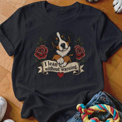 Black t-shirt with Bernese Mountain Dog graphic and text "I lean without warning".