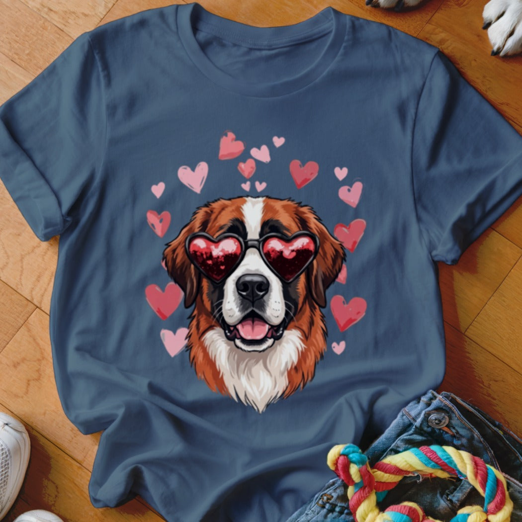 A dark blue t-shirt printed with a St. Bernard dog wearing heart-shaped sunglasses surrounded by pink hearts.
