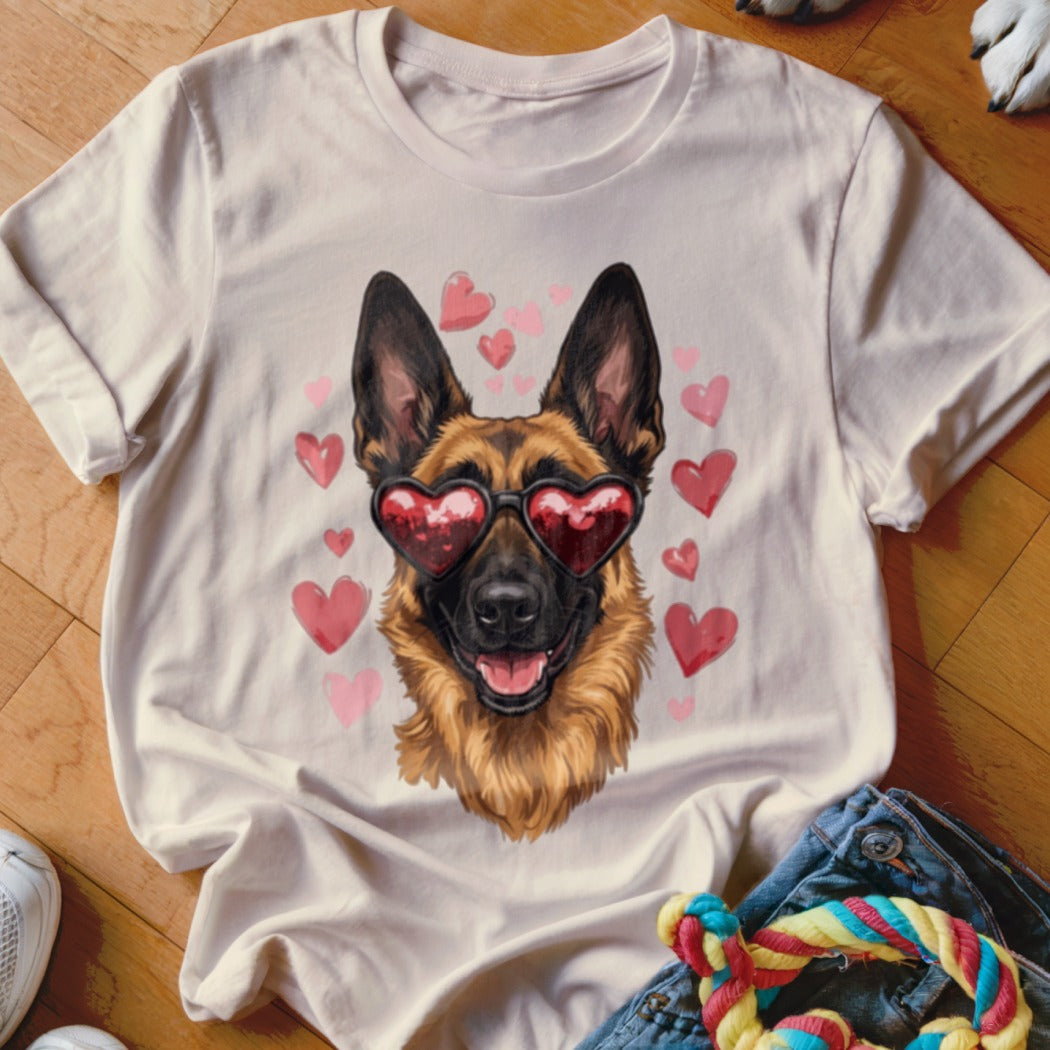 A beige crewneck t-shirt featuring a graphic of a German Shepherd wearing heart-shaped sunglasses surrounded by pink hearts.