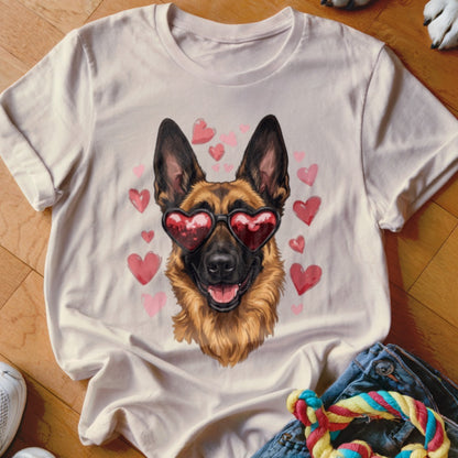 A beige crewneck t-shirt featuring a graphic of a German Shepherd wearing heart-shaped sunglasses surrounded by pink hearts.