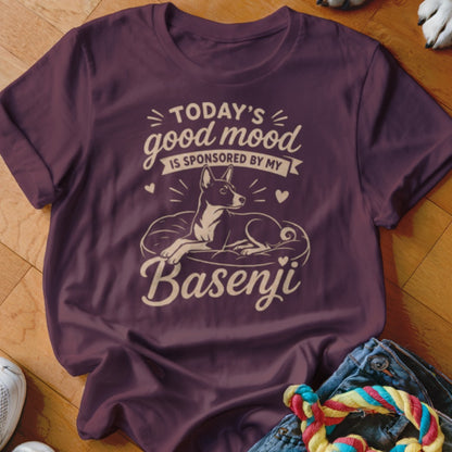 T-shirt with "Today's good mood is sponsored by my Basenji" text and dog graphic.