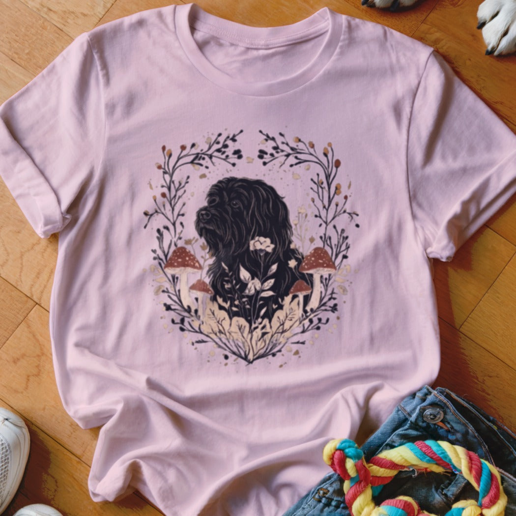 Light pink t-shirt featuring a black dog illustration surrounded by mushrooms, leaves, and floral vines.