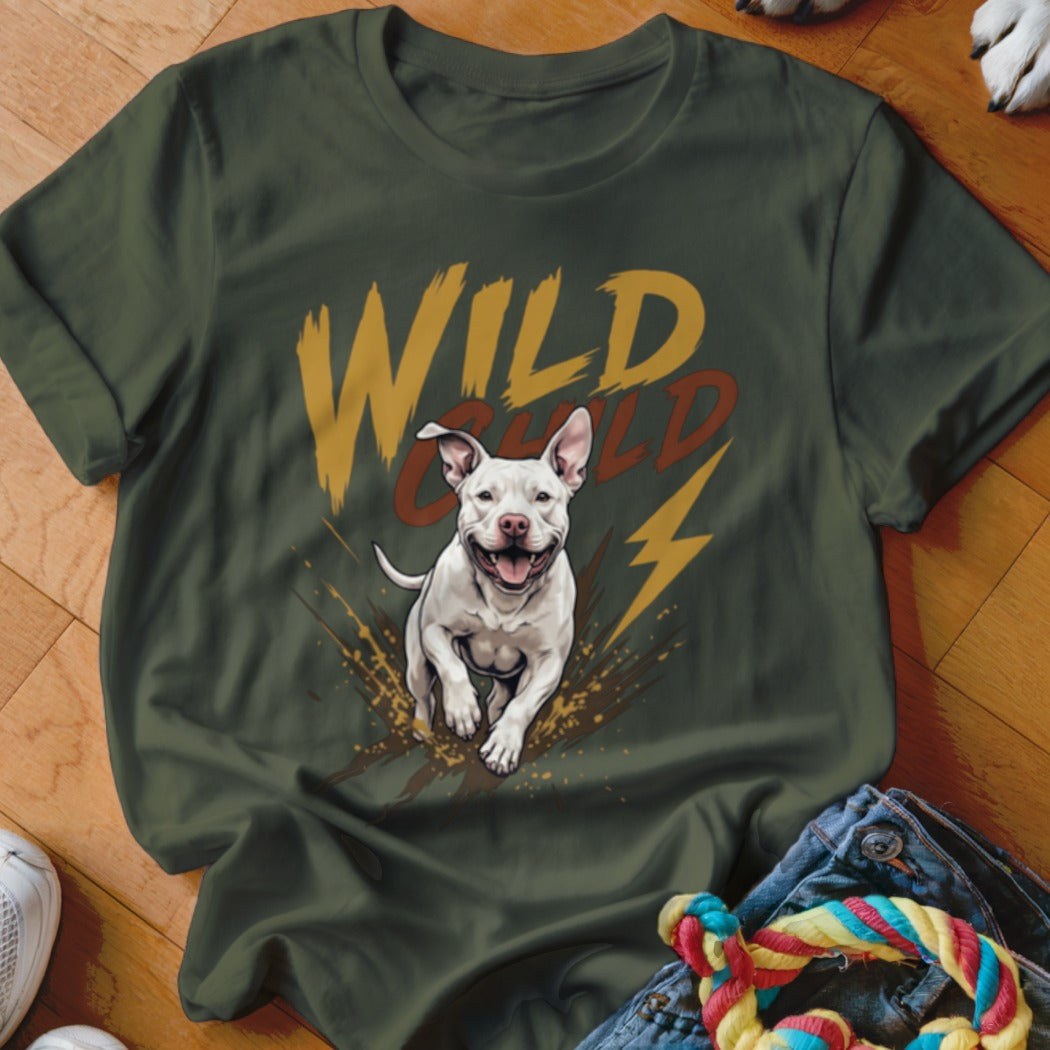 Dark green crewneck t-shirt featuring a graphic of a happy running white dog and the text Wild Child.