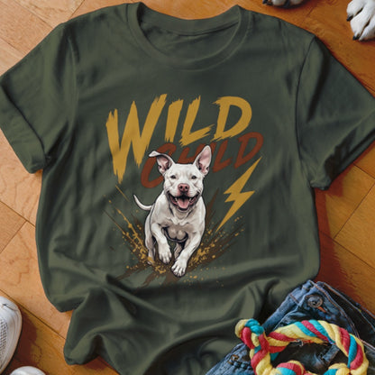 Dark green crewneck t-shirt featuring a graphic of a happy running white dog and the text Wild Child.