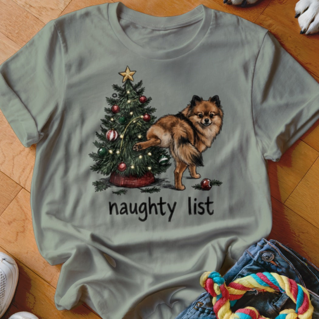 Pomeranian dog at Christmas tree with text "naughty list"
