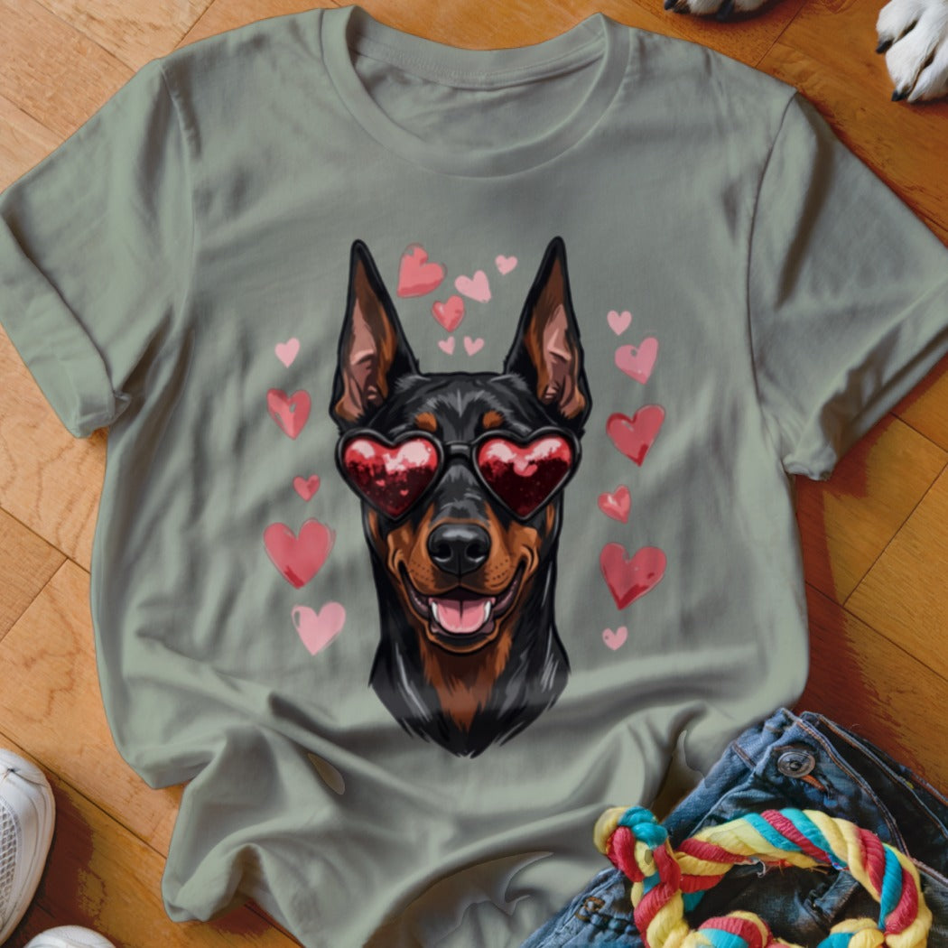 Sage green t-shirt featuring a graphic of a Doberman wearing heart-shaped sunglasses surrounded by pink hearts.
