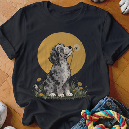 A black short-sleeved t-shirt featuring a graphic of a fluffy merle puppy blowing a dandelion against a yellow circle background.