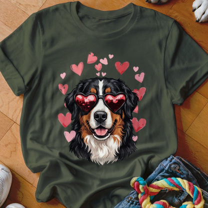 Dark green t-shirt featuring a graphic of a Bernese Mountain Dog wearing heart-shaped sunglasses, surrounded by pink hearts.