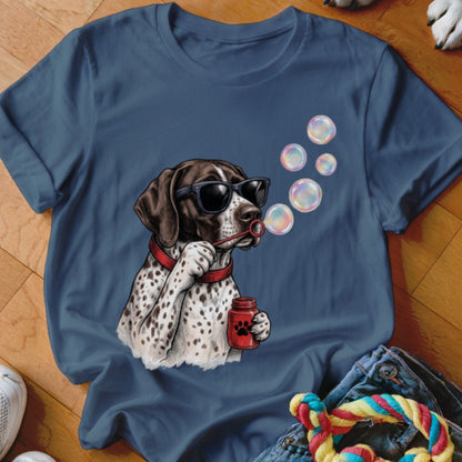 Navy blue t-shirt featuring a graphic of a spotted dog wearing sunglasses and blowing bubbles.