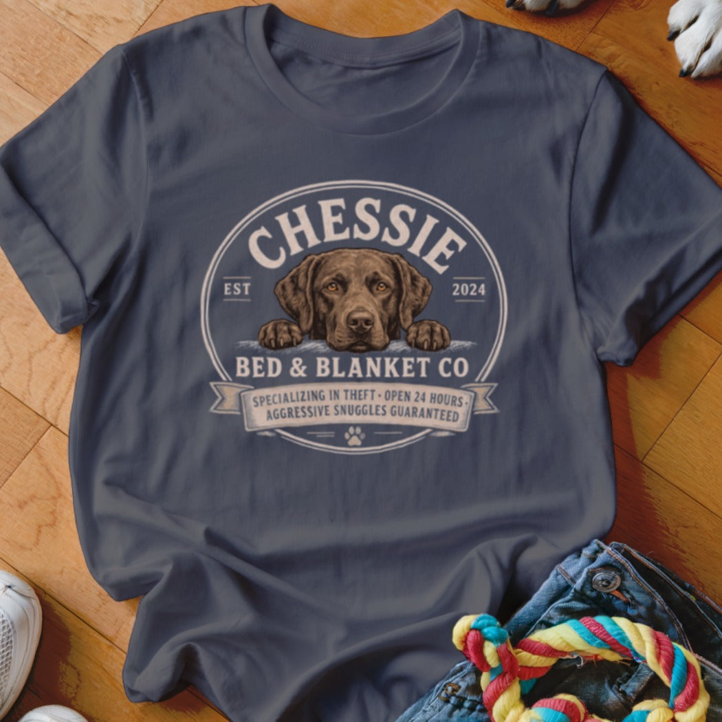 Navy t-shirt with Chessie Bed & Blanket Co. logo featuring a dog and humorous text.