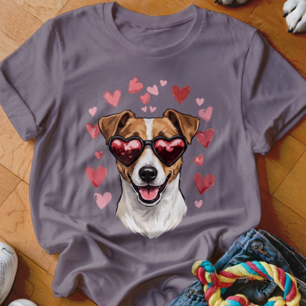 Grey t-shirt featuring a graphic of a Jack Russell Terrier wearing heart-shaped sunglasses, surrounded by pink hearts.