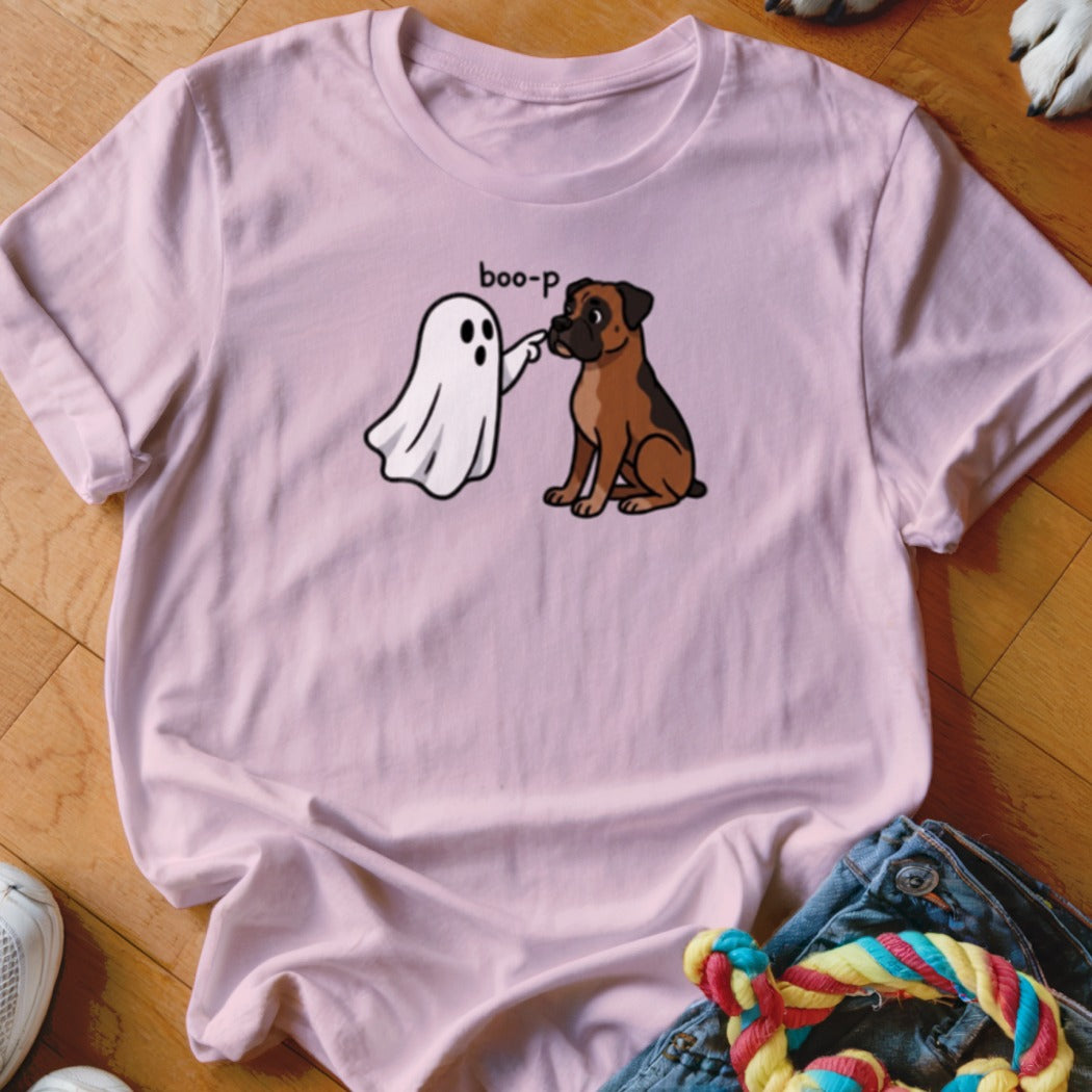 Ghost booping a boxer dog with the text "boo-p" on a pink t-shirt.
