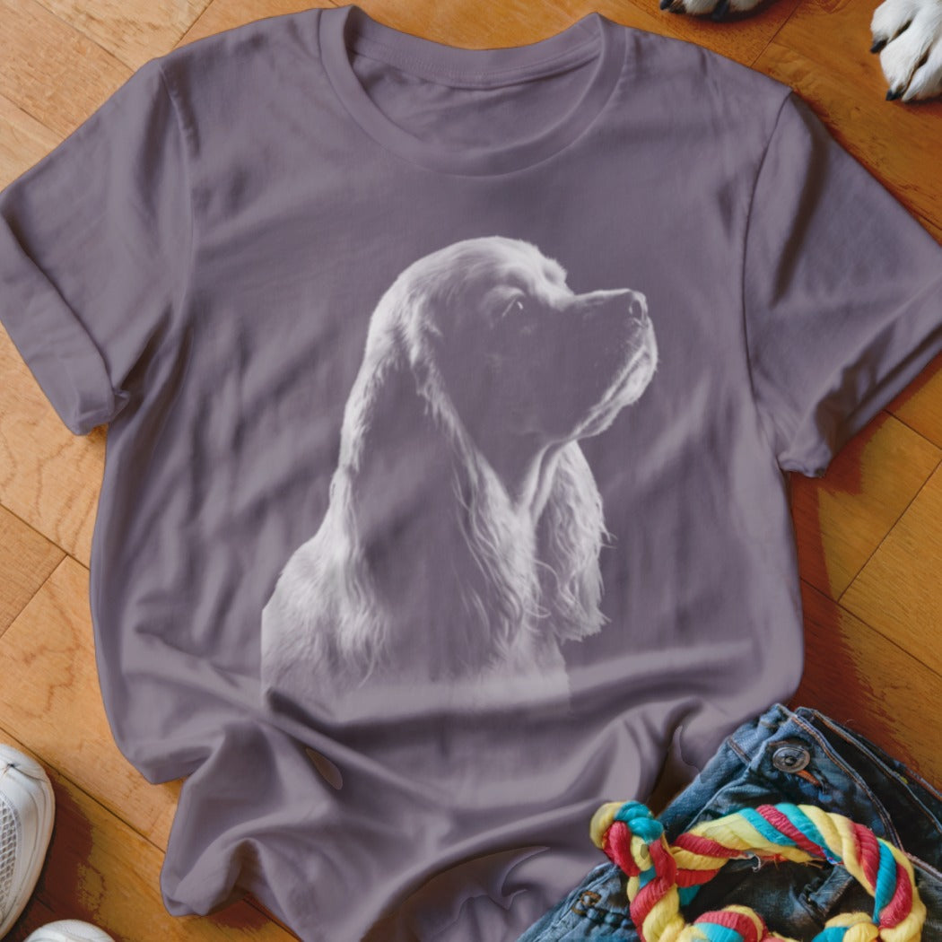 Drawn white dog silhouette on a purple t-shirt, lying on a wooden floor.