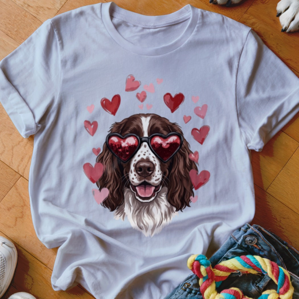 A white short-sleeved t-shirt features an illustration of a brown and white dog wearing heart-shaped sunglasses, surrounded by pink hearts.