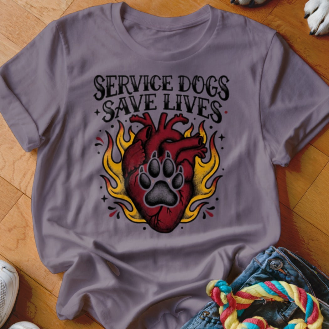 T-shirt with "Service Dogs Save Lives" text and a heart with a paw print.