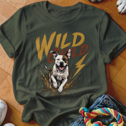 Dark green t-shirt with a graphic of a running dog, mud splatters, lightning bolts, and Wild Child text.